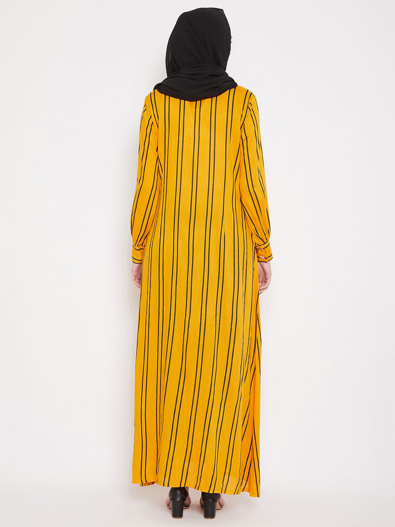 Nabia Women Yellow Rayon Fabric Front Open Striped Abaya With Georgette Scarf