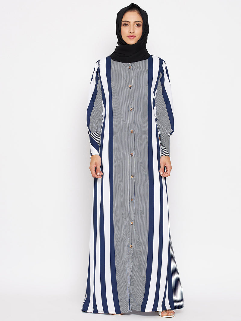 Nabia Women Blue Front Open Striped Abaya With Georgette Scarf