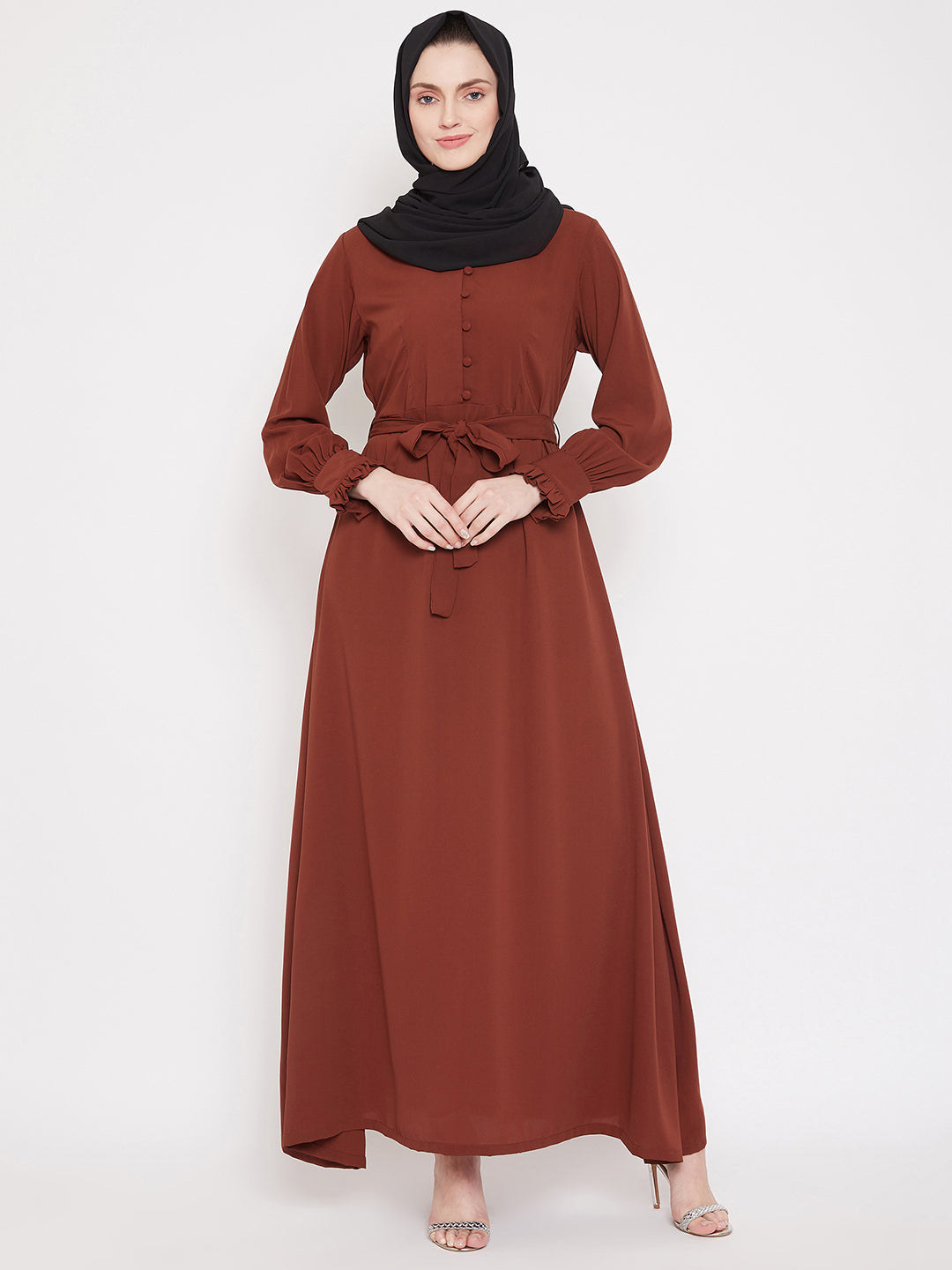 Nabia Women Rust Solid Nida Matte Fabric Abaya With Georgette Scarf
