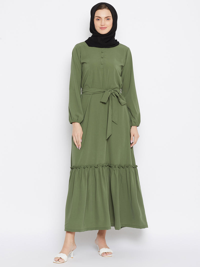 Nabia Women Jade Green Solid Frill Abaya With Georgette Scarf