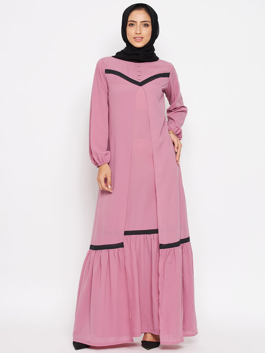 Nabia Women Puce Pink Solid Lace Abaya Dress With Georgette Scarf