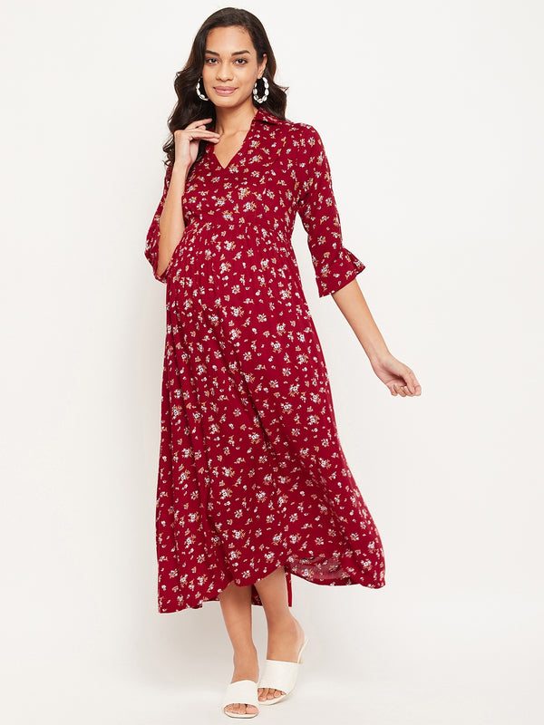 Maroon Floral Printed Maternity Dress for Women