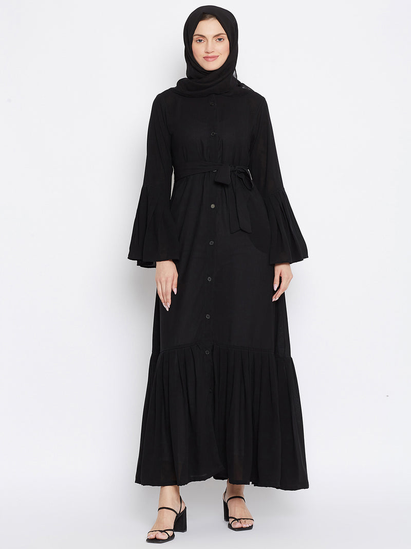 Nabia Women Black Solid Nida Plated Front Open Abaya With Georgette Scarf