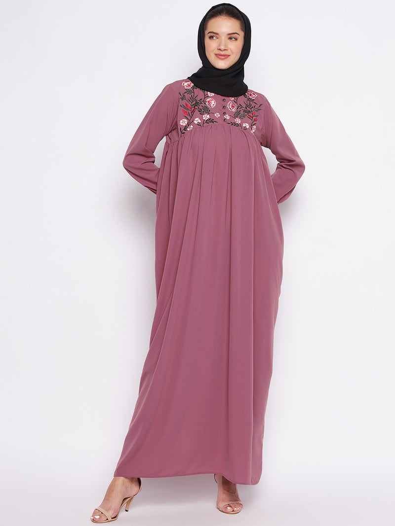 Nabia Puce Pink Nida Matte Fabric Embroidery Abaya For Women With Georgette Scarf