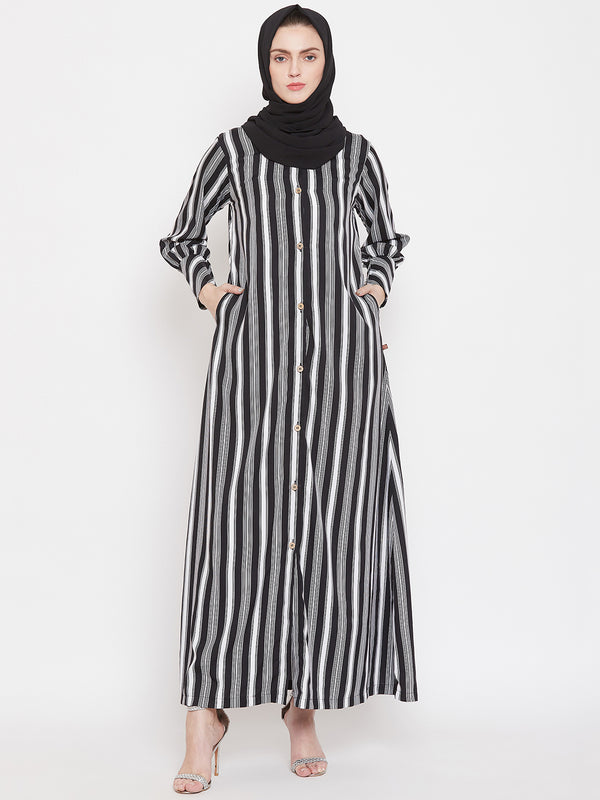 Nabia Women Black Front Open Striped Abaya With Georgette Scarf