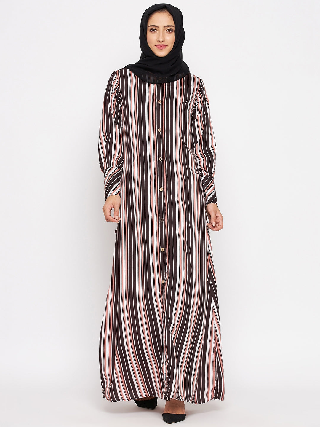Nabia Brown Front Open Striped Abaya with Georgette Scarf
