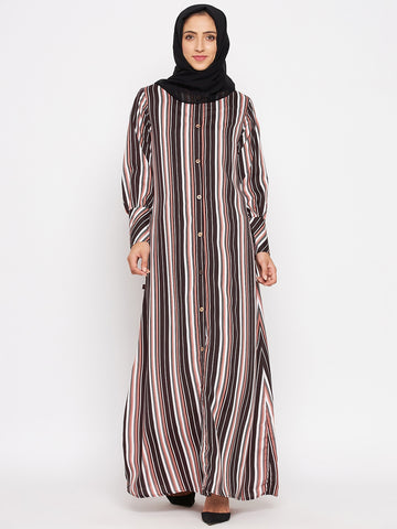 Nabia Women Brown Front Open Striped Abaya With Georgette Scarf