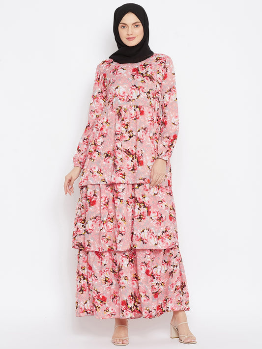 Nabia Women Pink Floral Printed Crepe Three Frill Abaya Dress With Georgette Scarf