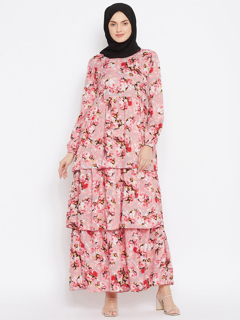 Nabia Women Pink Floral Printed Crepe Three Frill Abaya Dress With Georgette Scarf