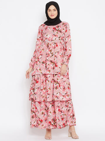Nabia Women Pink Floral Printed Crepe Three Frill Abaya Dress With Georgette Scarf