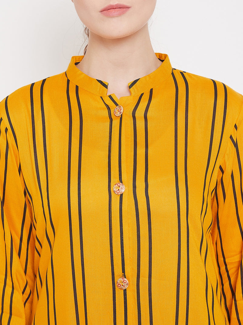 Nabia Women Yellow Rayon Fabric Front Open Striped Abaya With Georgette Scarf