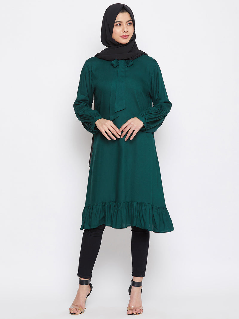 Nabia Women Bottle Green Tie-up neck Rayon Fabric Tunic Abaya with Georgette Scarf