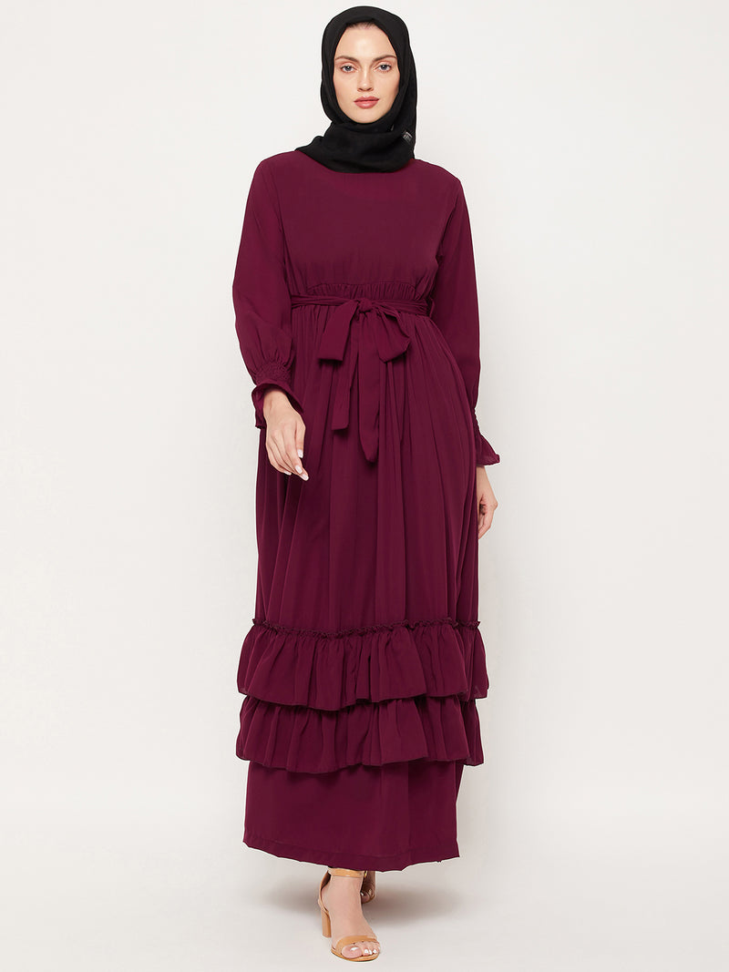 Nabia Maroon Frill Nida Matte Fabric Abaya Dress With Georgette Scarf