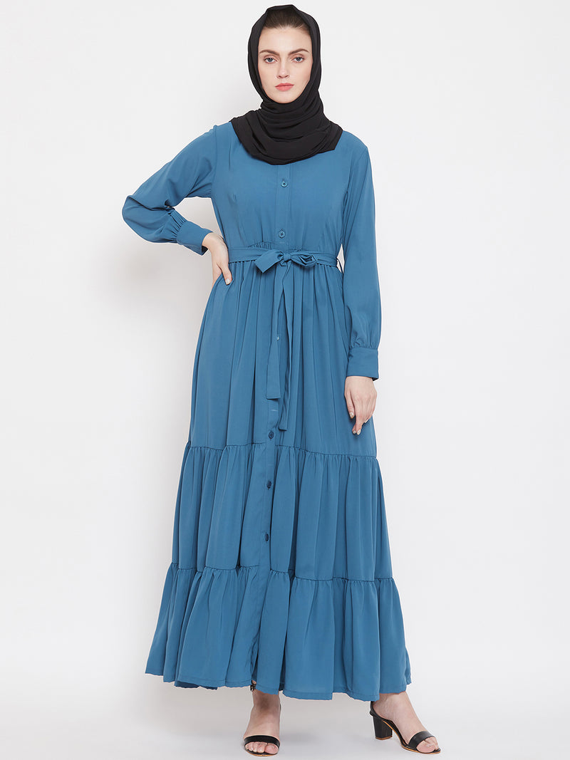 Nabia Women Sky Blue Solid Front Open Three Frilled Abaya  With Georgette Scarf