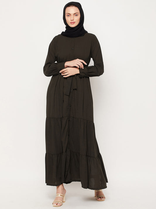 Clearance: Nabia Olive Green Frill Women Abaya with Georgette Scarf