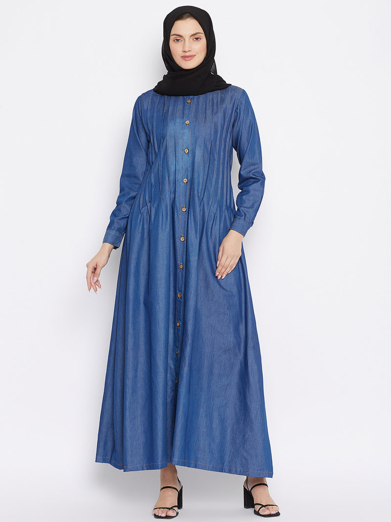 Nabia Women Blue Solid Denim Front Open Abaya Dress With Georgette Scarf