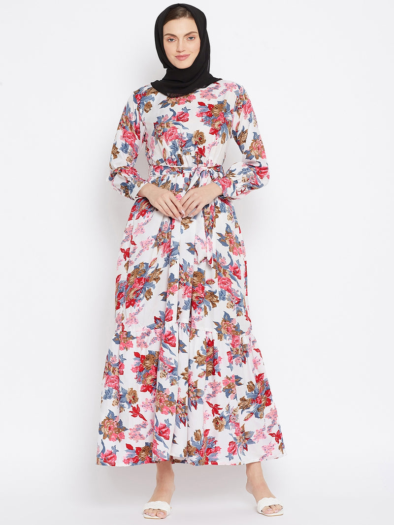 Nabia Women White Floral Printed Crepe Two Frill Abaya Dress  With Georgette Scarf