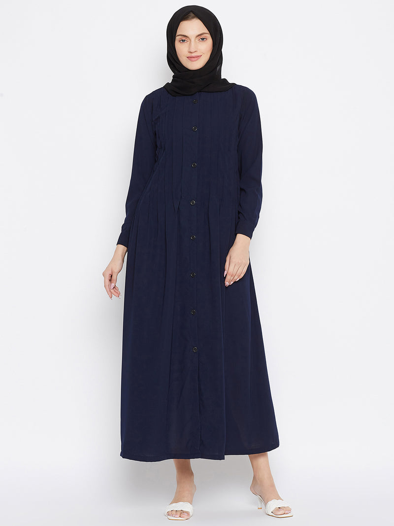 Nabia Women Blue Solid  Nida Matte Front Open Plat Design Abaya With Georgette Scarf