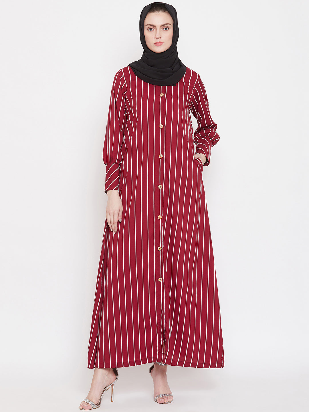 Nabia Women Maroon Front Open Striped Abaya with Georgette Scarf