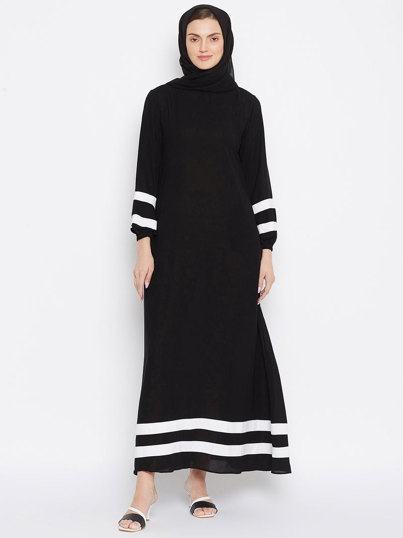 Nabia Women Black & White Solid Nida Matte A line Abaya With Georgette Scarf