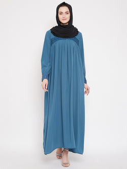 Nabia  Women Sky Blue Solid Lace Maxi Abaya Dress With Georgette Scarf