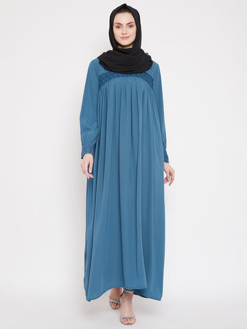 Nabia  Women Sky Blue Solid Lace Maxi Abaya Dress With Georgette Scarf