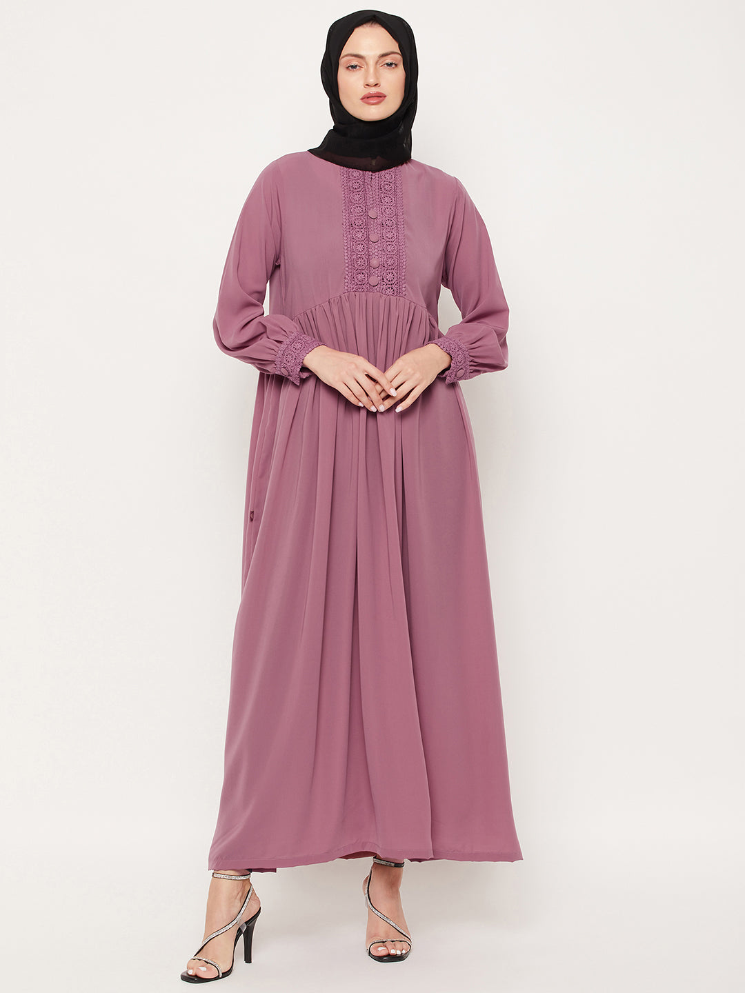Nabia Puce Pink Lace work Women Abaya with Georgette Scarf