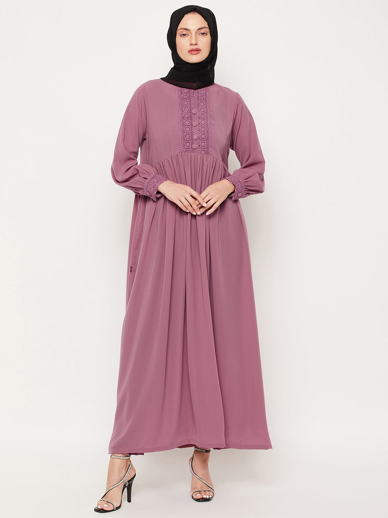Nabia Puce Pink Lace work Nida Matte Women Abaya With Georgette Scarf
