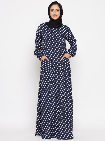 Nabia Women Blue Polka Crepe Abaya Dress With Georgette Scarf