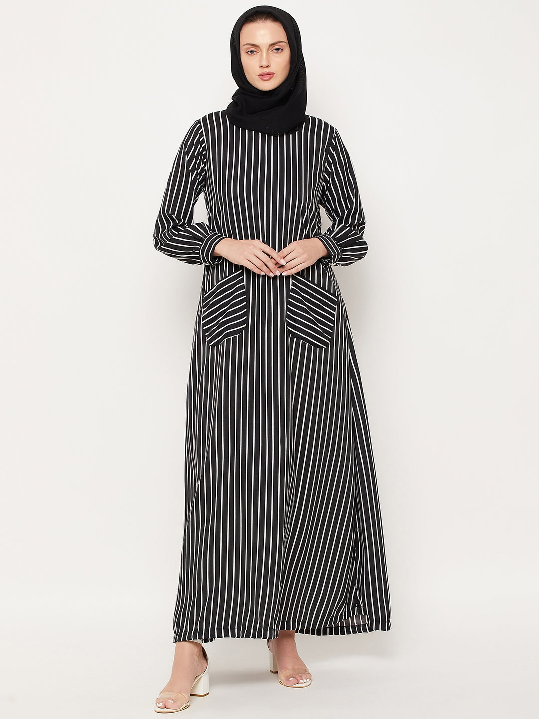 Nabia Black Striped Crepe Women Abaya With Georgette Scarf
