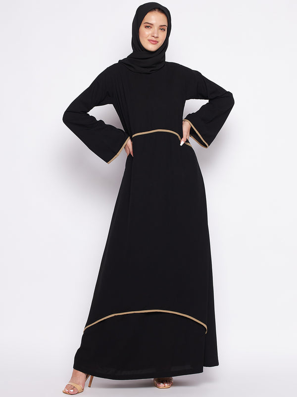 Nabia Black Nida Matte Fabric Piping Design Double Layer Abaya For Women With Georgette Scarf