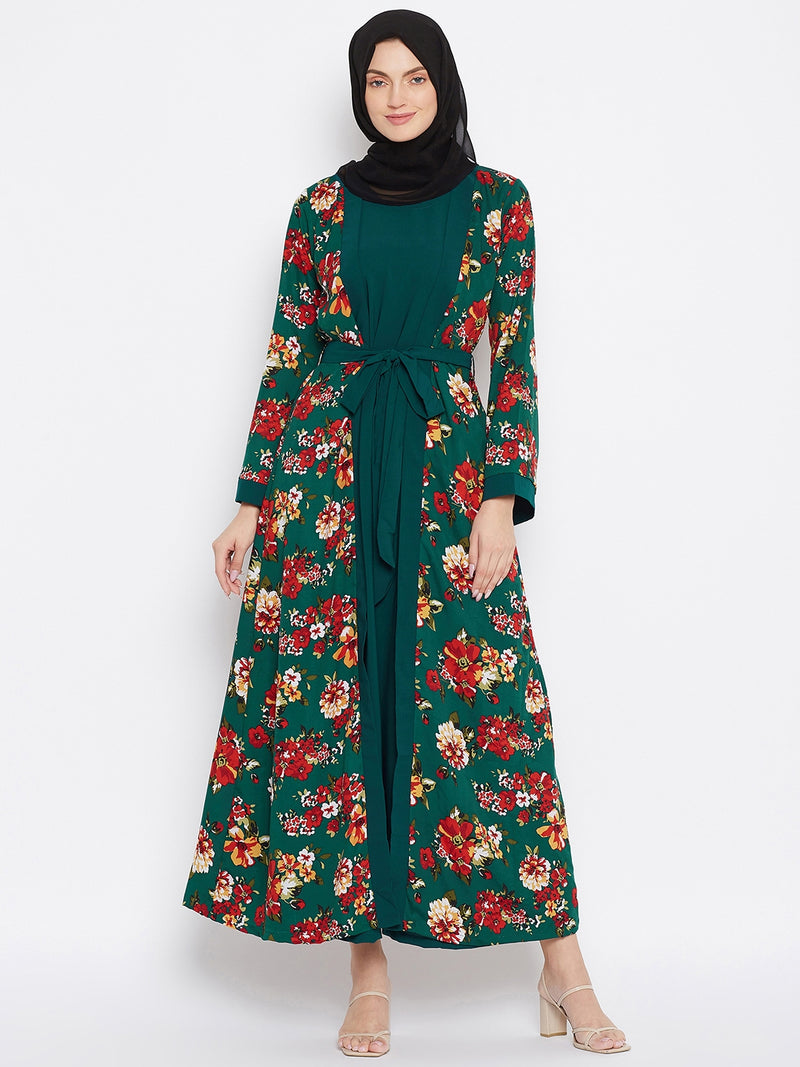Nabia Women Bottle Green Floral Printed Shrug Attached Casual Abaya With Georgette Scarf