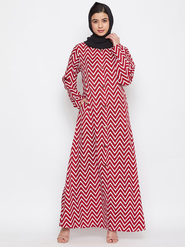 Nabia Women Red & White Printed Crepe Front Open Abaya Dress With Georgette Scarf