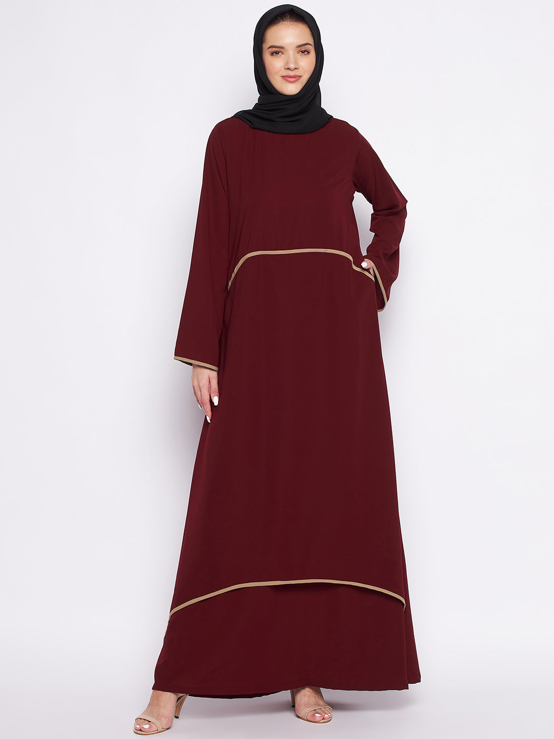 Nabia Maroon Nida Matte Fabric Piping Design Double Layer Abaya For Women With Georgette Scarf