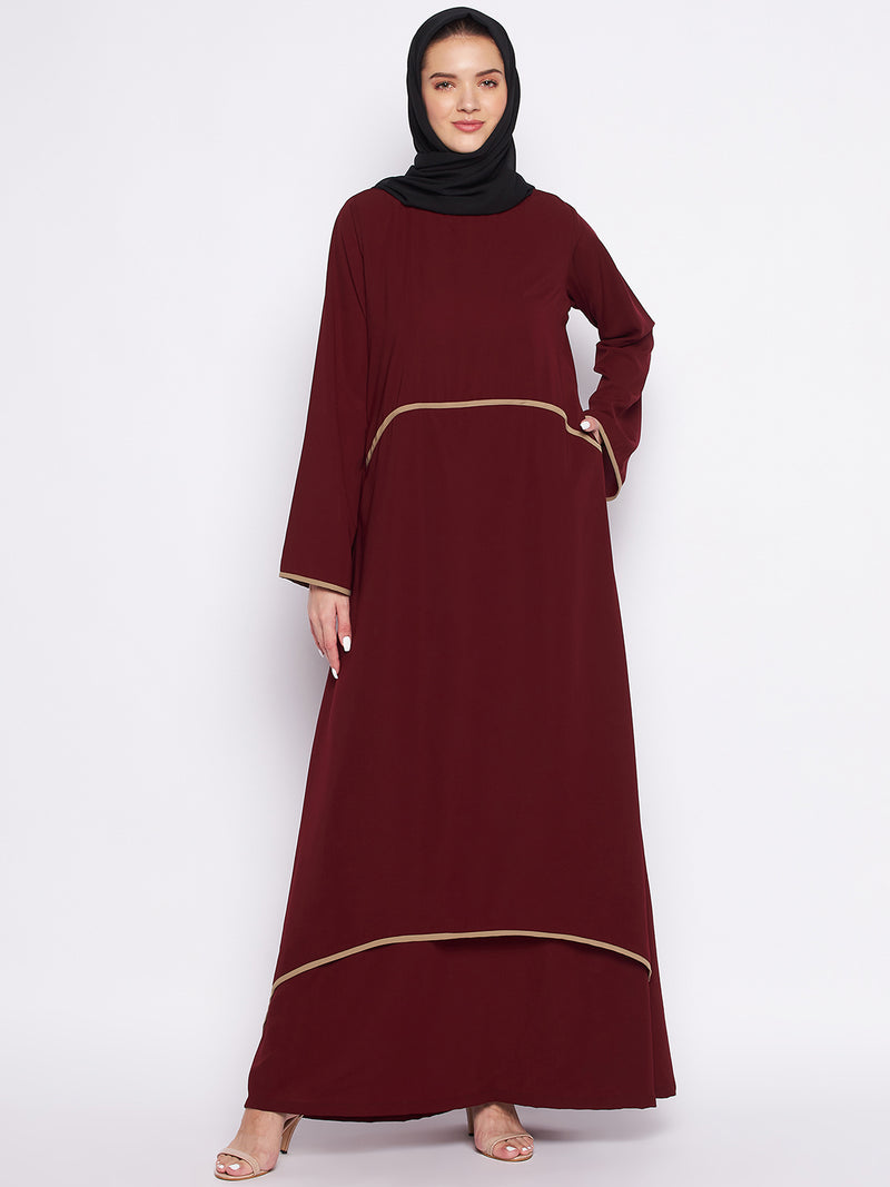 Nabia Maroon Nida Matte Fabric Piping Design Double Layer Abaya For Women With Georgette Scarf