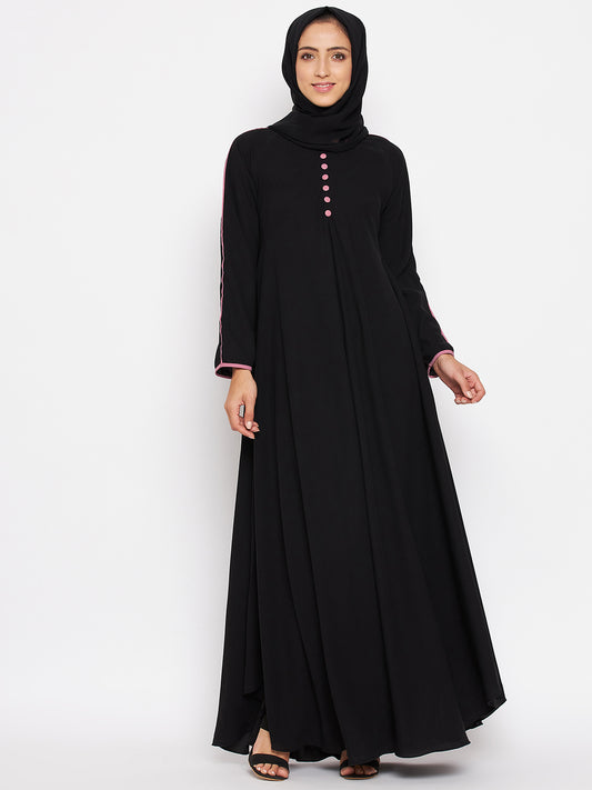 Nabia Women Black Solid Nida Matte Abaya With Georgette Scarf