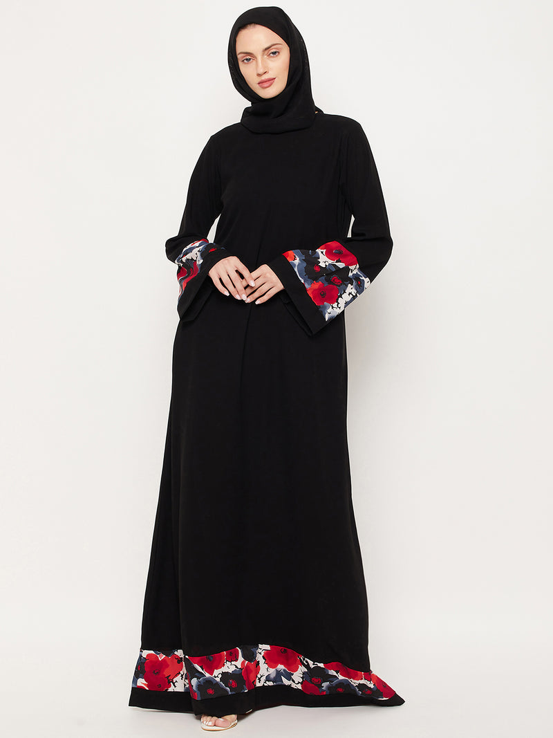 Nabia Black & Red Design Nida Matte Fabric Abaya With Georgette Scarf