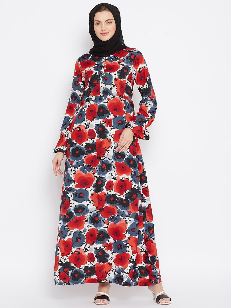 Nabia Women Red & Black Floral Printed Crepe Abaya Dress With Georgette Scarf