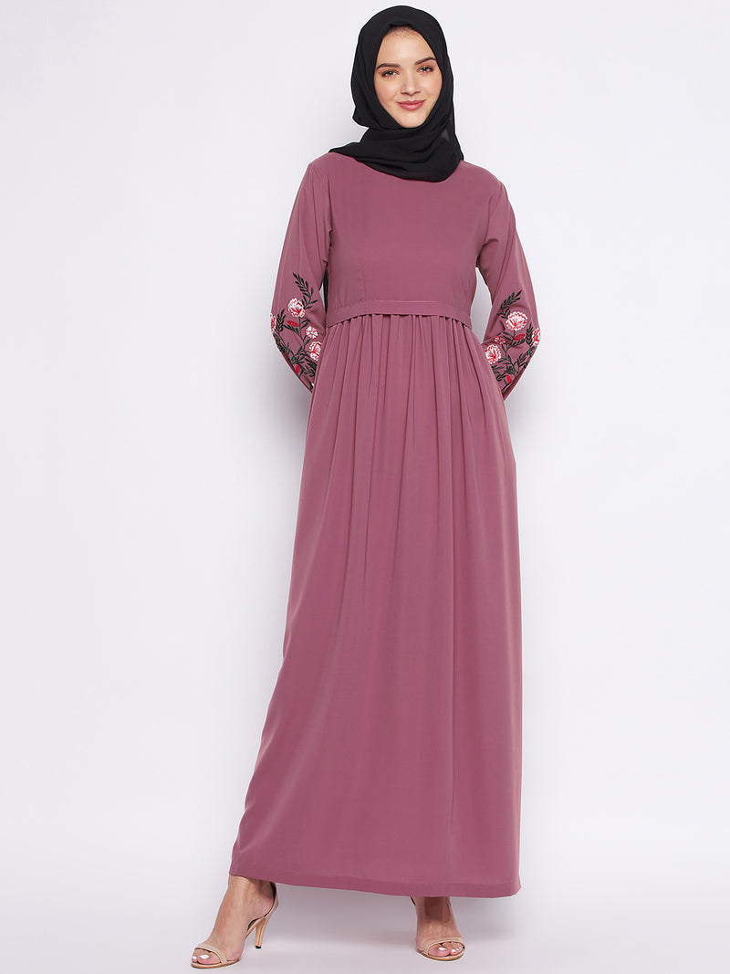 Nabia Puce Pink Nida Matte Fabric Embroidery Abaya For Women With Georgette Scarf