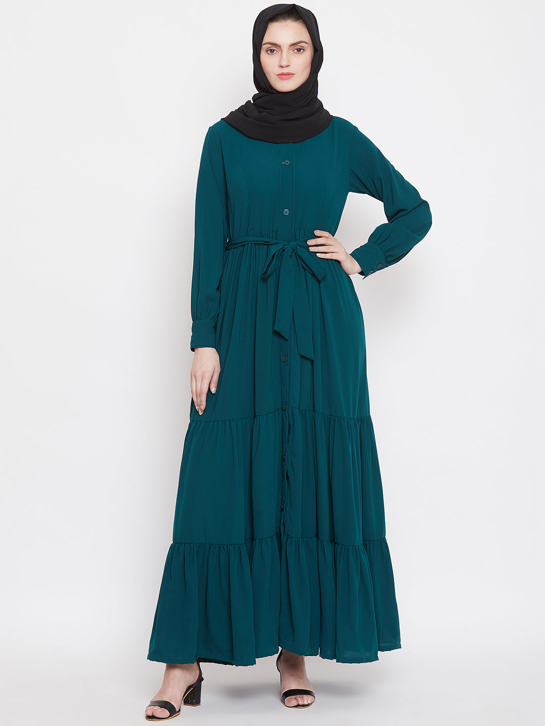 Nabia Women Bottle Green Solid Front Open Three Frilled Abaya  With Georgette Scarf