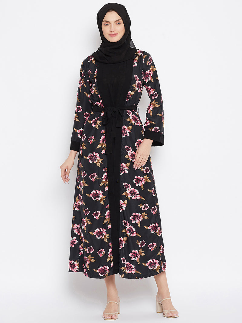 Nabia Women Black Floral Printed Shrug Attached Casual Abaya With Georgette Scarf