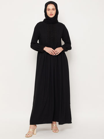 Nabia Black Lace Nida Matte Women Abaya With Georgette Scarf