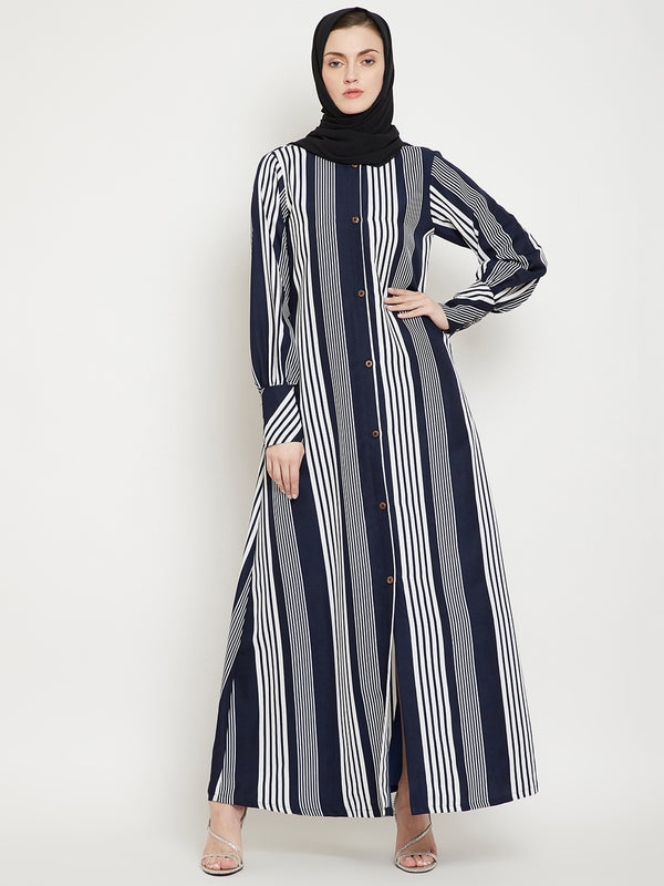 Nabia Women Blue Front Open Striped Crepe Fabric Abaya With Georgette Scarf
