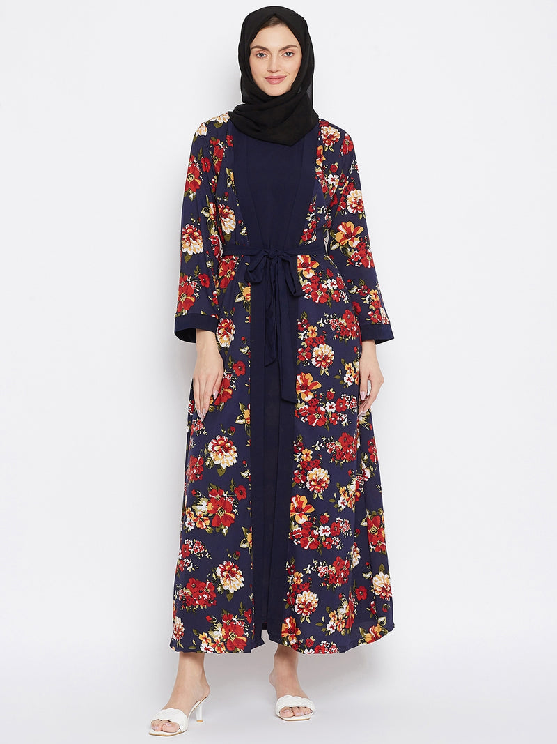 Nabia Women Blue & Red Floral Printed Shrug Attached Casual Abaya With Georgette Scarf