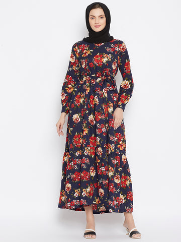 Nabia Women Blue & Red Floral Printed Crepe Two Frill  Abaya Dress With Georgette Scarf