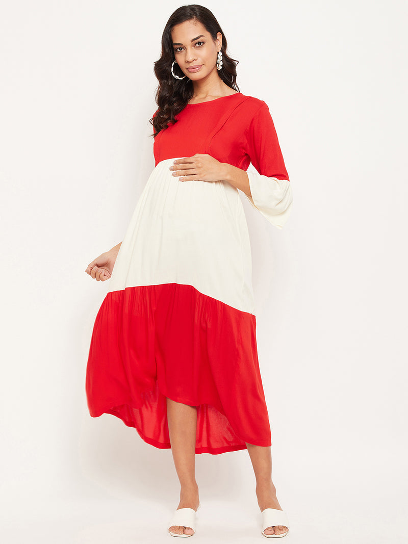 Red & White Solid Maternity Dress for Women