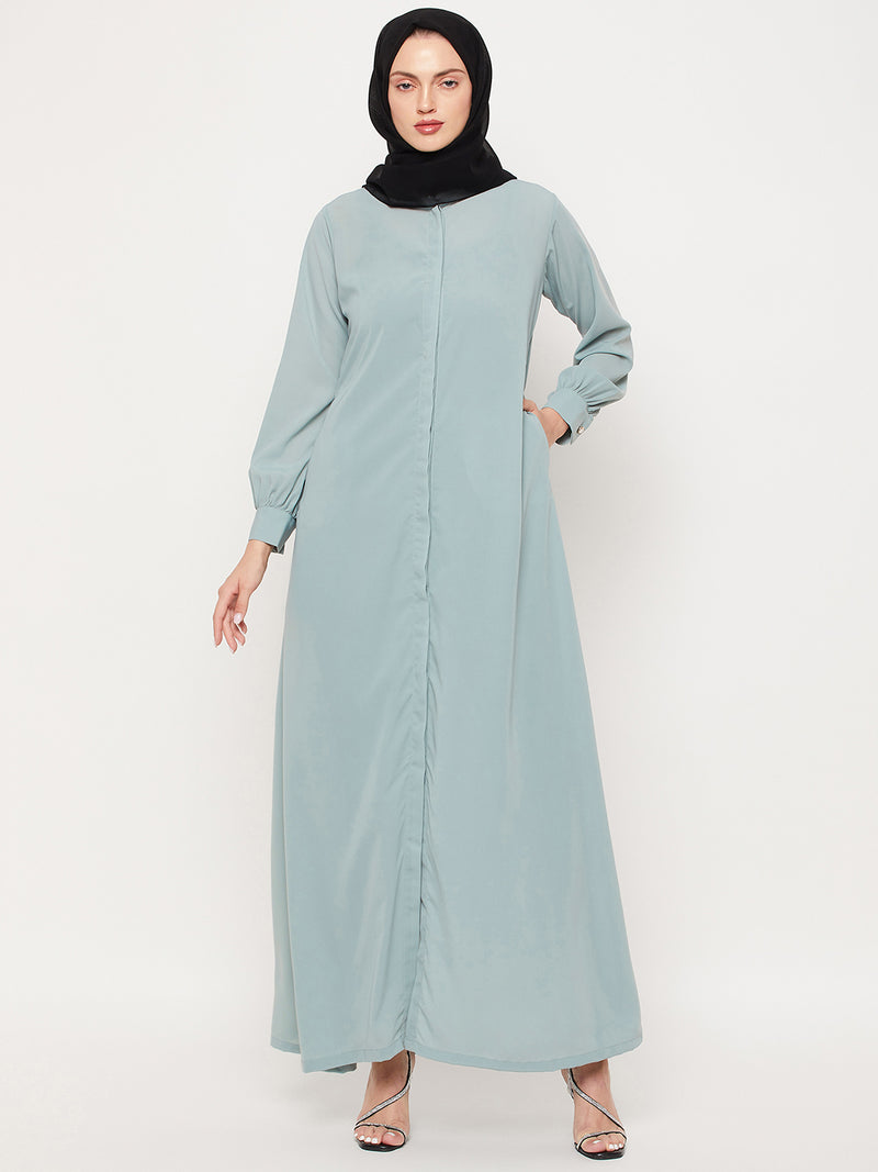 Nabia Sea Green Nida Mate Fabric Front Open Abaya With Georgette Scarf