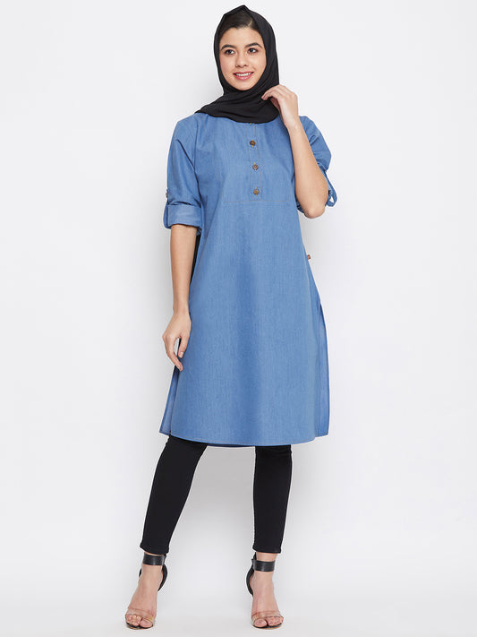 Nabia Women Blue Denim Cotton Tunic Abaya With Georgette Scarf