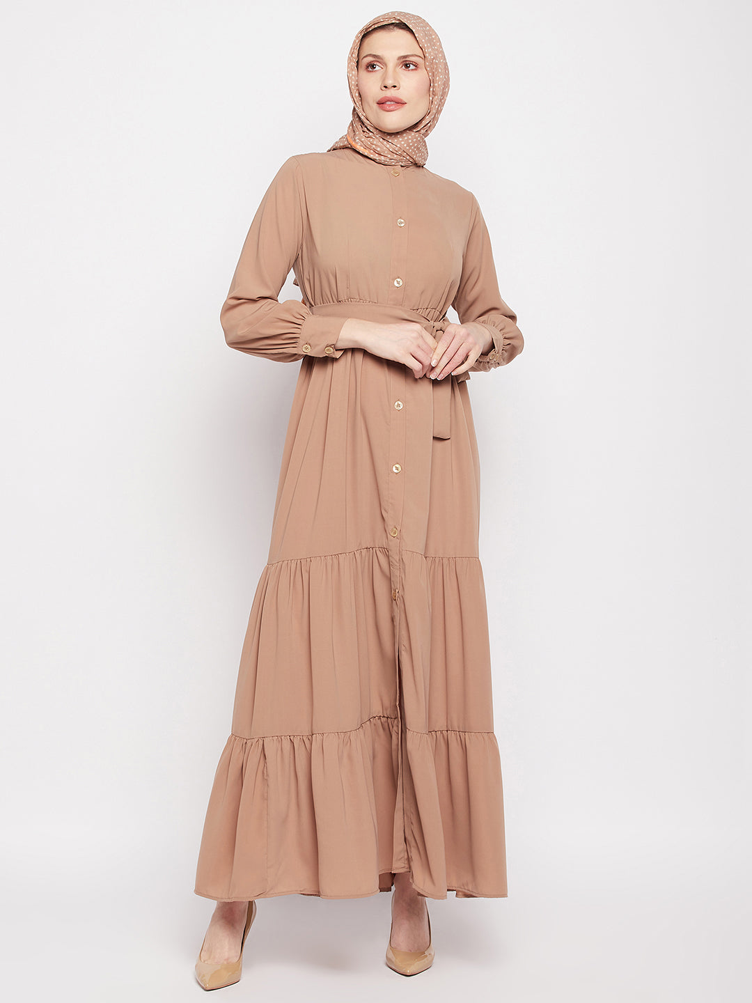 Nabia Women Beige Solid Frill Abaya Burqa with Black Georgette Scarf