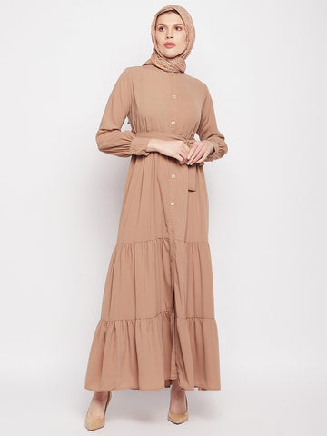 Nabia Women Beige Solid Frill Abaya Burqa with Black Georgette Scarf